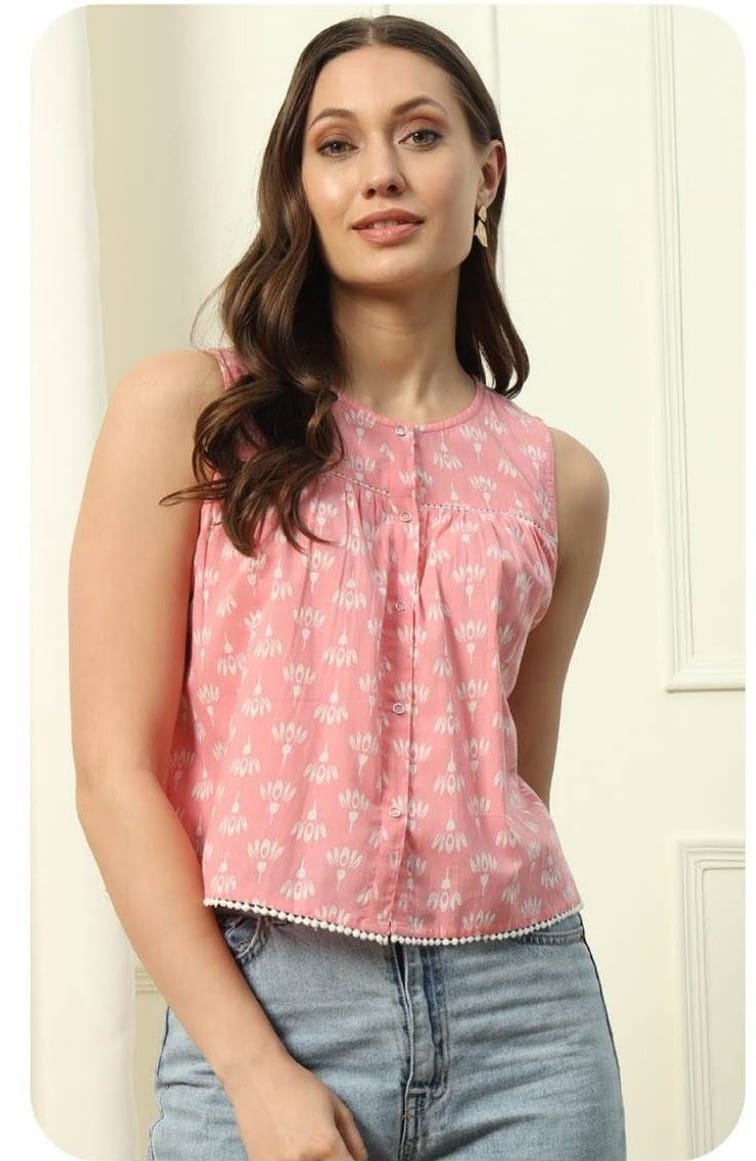 Baby Pink Floral Printed Cotton Top