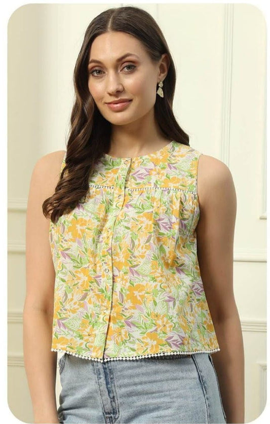 Yellow Floral Printed Cotton Top - Sleevless