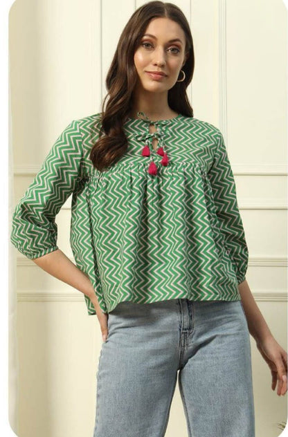 Green Strip Printed Cotton Top